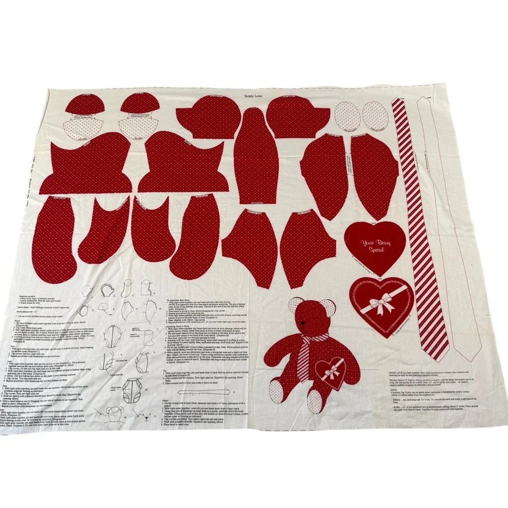 Vintage VIP Cranston Print Works Teddy Love Bear Fabric Panel DIY Sewing Kit Red